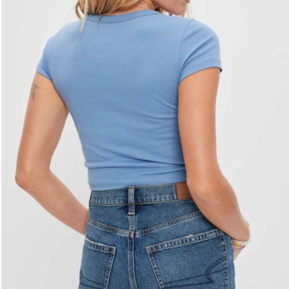 American Eagle Hey Baby Tee cropped T shirt blue size small - Picture 2 of 14